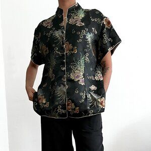 Qiong Yu Black Oriental Shirt – Floral Jacquard Brocade Top